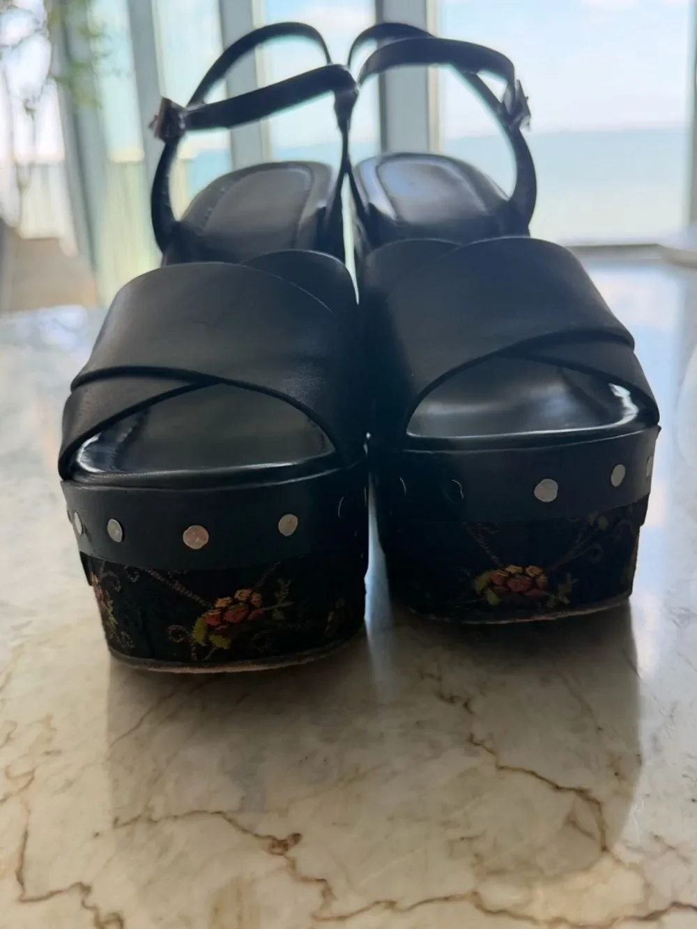 Prada Black Leather and Baroque Platform Sandals
